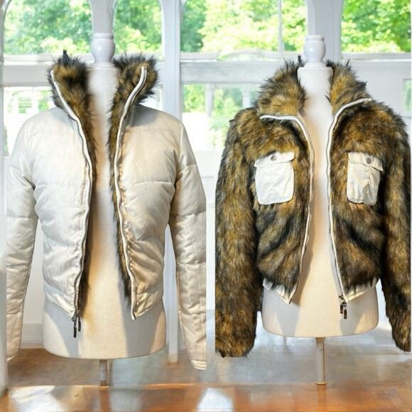 NEW Blanc Noir Faux Fur Reversible Puffer Winter Apres Ski Jacket Natural M NWT - Picture 9 of 16